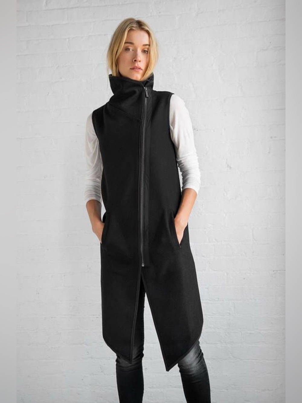 MarcellaModa NYC Kendra Asymmetric Zip Wool Blend Edgy Vest Jacket Black Sz XS